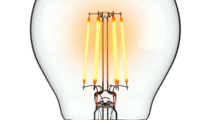 Close-up of a clear incandescent light bulb with visible warm-toned filaments