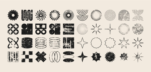 Brutalist geometric shapes, modern grunge symbols. Simple primitive elements and forms, distressed details. Retro design, aged, vintage, trendy contemporary minimalist style, y2k. Vector illustration