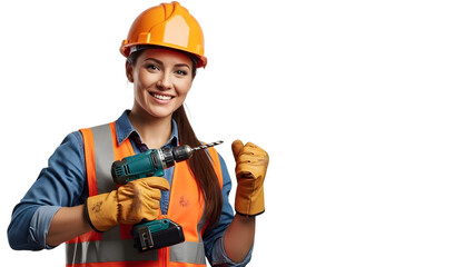 Confident woman worker with safety gear isolated on transparent background