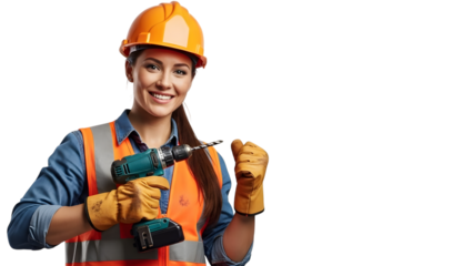 Confident woman worker with safety gear isolated on transparent background