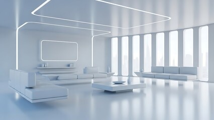Futuristic minimalist living room interior design with white furniture.