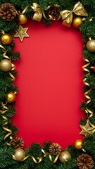 Festive Christmas border frame with ornaments on vibrant red background