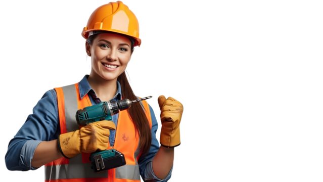 Confident woman worker with safety gear isolated on transparent background