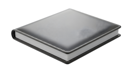 Closed black hardcover notebook or journal isolated on transparent background