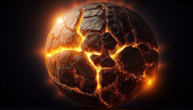 This Image Presents A Dramatic Spherical Object Resembling A Molten Core Or A Mini Planet With Cracks Revealing Intensely Glowing Orange And Yellow Lava Underneath A Dark Rugged Exterior