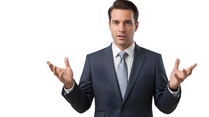 Businessman shrugging, open hand gesture isolated on transparent background