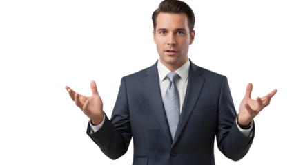 Businessman shrugging, open hand gesture isolated on transparent background