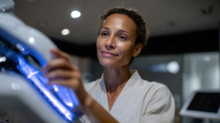A confident woman in a treatment room examines equipment, showcasing professionalism and care in aesthetic procedures. The atmosphere is modern and inviting for clients.