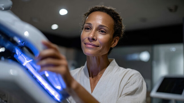 A confident woman in a treatment room examines equipment, showcasing professionalism and care in aesthetic procedures. The atmosphere is modern and inviting for clients.