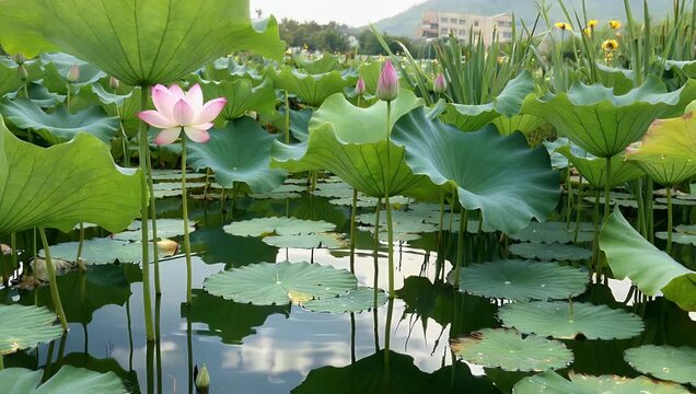 a clean 4k nature observation title showing a calm pond surface filled with lotus leaves and aquatic plants captured neutrally without color grading providing a natural documentary aesthetic ideal