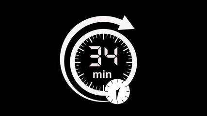 34 min Clock Timer Animation. Stopwatch Icon in Flat Style. Clean black Background. Time Counter Animation video.