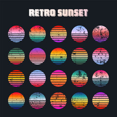 Grunge vintage colorful sunset. Striped gradient sunrise badges in 80s and 90s style. Sun and ocean view, summer vibes, surfing. Design element for print, logo or t-shirt. Vector illustration