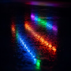 Naklejka premium Stunning vibrant reflections create artistic abstract patterns on wet pavement at night, perfect for edgy designs and urban lifestyle visuals