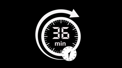 36 min Clock Timer Animation. Stopwatch Icon in Flat Style. Clean black Background. Time Counter Animation video.