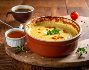 Cheesy, bubbling dish on wood board w/sauce, herbs, coffee, tomato in bright light & dark table background