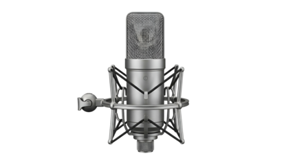 A studio condenser microphone centered on a black background, with shockmount