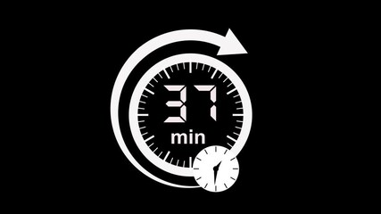 37 min Clock Timer Animation. Stopwatch Icon in Flat Style. Clean black Background. Time Counter Animation video.