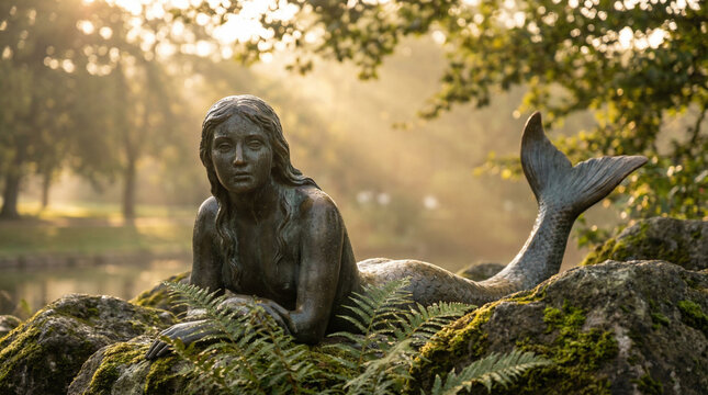 A stunning bronze mermaid statue nestled among ferns and moss, perfect for nature-themed projects or artistic backgrounds. - Powered by Adobe