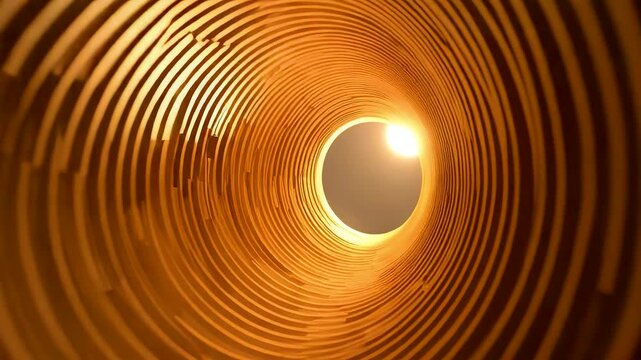 Golden circular tunnel interior with glowing light at center creating warm abstract depth pattern and radiant architectural passage perspective