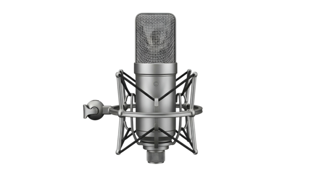 A studio condenser microphone centered on a black background, with shockmount
