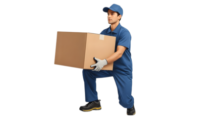 Delivery man carefully carrying a carton box isolated on transparent background