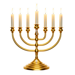 Golden Menorah with Seven Lit Candles isolated on a transparent background