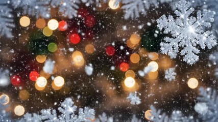 Dynamic winter christmas background featuring a glittering snowflake overlay, falling snow, and colorful bokeh lights for a festive effect - Powered by Adobe