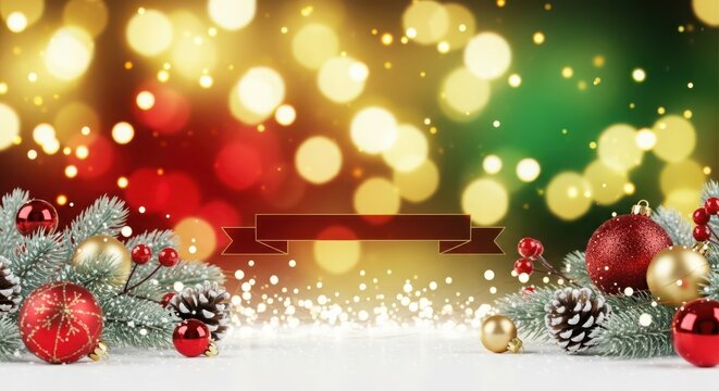 Festive christmas background with sparkling bokeh lights and holiday decorations