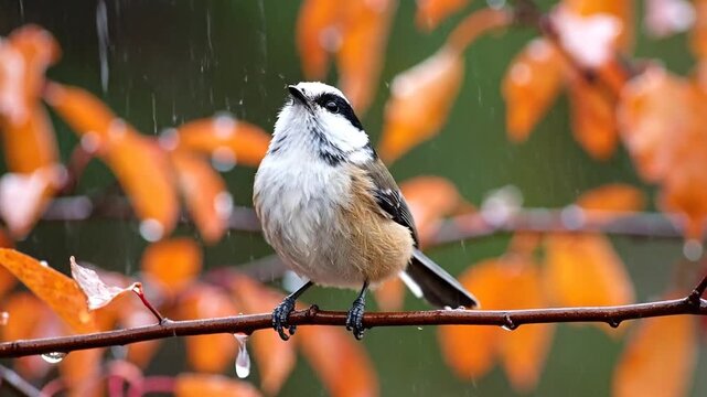 Bird Perched on Branch in Autumn Rain