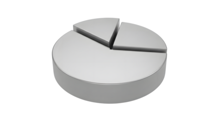 Metallic 3d pie chart with separated slice isolated on transparent background