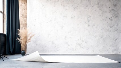 Empty studio space with textured wall and rolled paper on floor for creative projects
