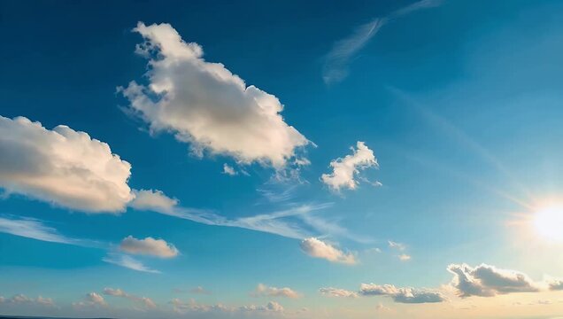 Scenic 4K video featuring a wide panoramic view of a beautiful sunny clear blue sky adorned with soft small fluffy white clouds captured with the camera moving smoothly from left to right