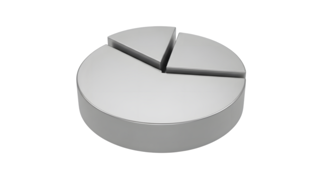 Metallic 3d pie chart with separated slice isolated on transparent background