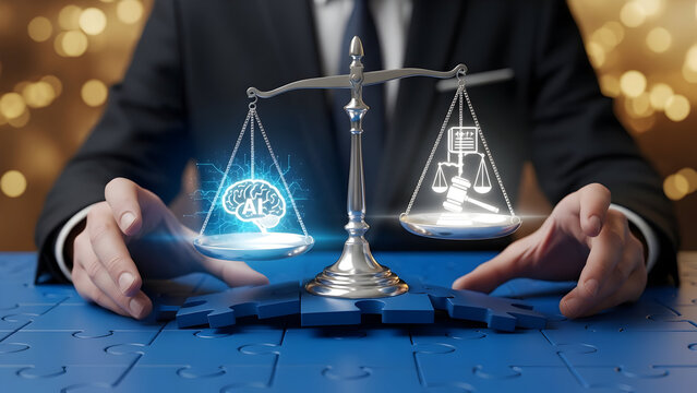 Ai Brain Weighing Against Legal System Symbols on Balance Scale - Powered by Adobe