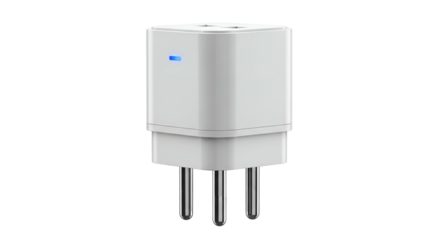 A white, cube-shaped electrical plug adapter with three metal prongs and a small blue light