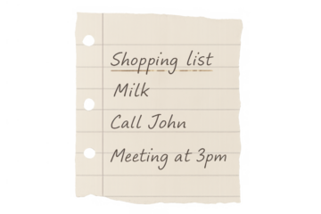 Lined notebook paper with a shopping list and to-do items, creating a personal reminder for daily tasks on transparent background