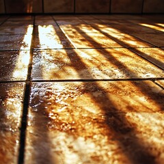 Morning light patterns on wet floor tiles indoor space photography warm environment close-up view aesthetic appeal