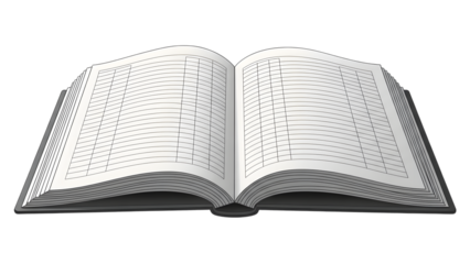 Open ledger book for accounting records isolated on transparent background