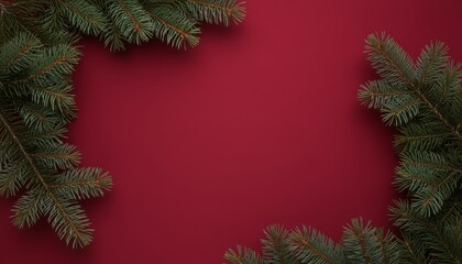 Christmas pine branch border on red background