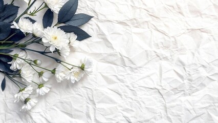 Delicate white flowers and dark green leaves arranged on a textured white background