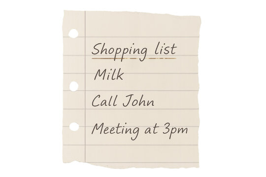 Lined notebook paper with a shopping list and to-do items, creating a personal reminder for daily tasks on transparent background