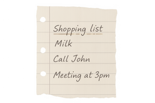 Lined notebook paper with a shopping list and to-do items, creating a personal reminder for daily tasks on transparent background