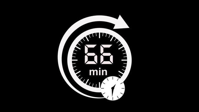 66 min clock icon animation. arrow Clock 66-minute icon Digital and analog clock 66minutes isolated on white background. 66 minute timer symbol, isolated on transparent background with alpha channel.