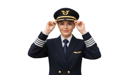 Female pilot in uniform adjusting her hat isolated on transparent background