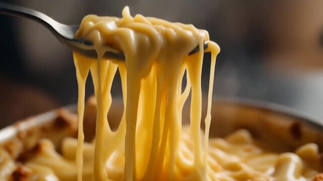 Cheese being pulled from a bubbling mac and cheese dish, strings of melted cheese everywhere