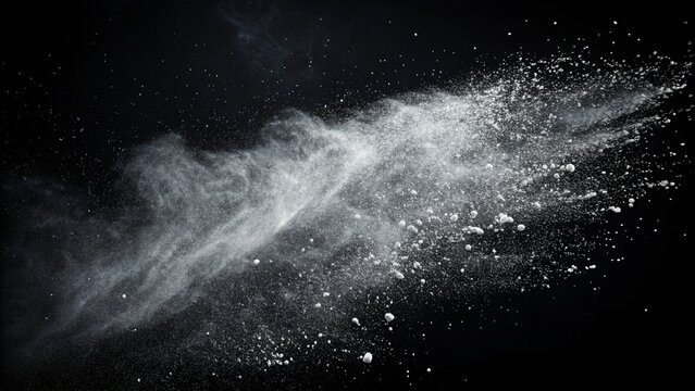 Explosion of white powder against a stark black background creating a dynamic cloud of particles - Powered by Adobe