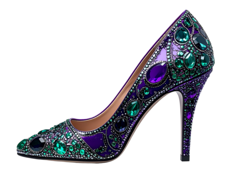 Luxurious Rhinestone Covered Purple Heel Lying on Side, Soft Shadow, Transparent Background (2)