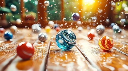 Colorful marbles splashing in a sunlit room creative photography indoor environment vibrant concept