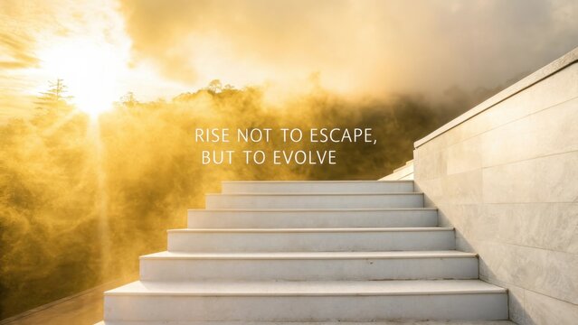 White staircase rising through golden haze inspiring quote