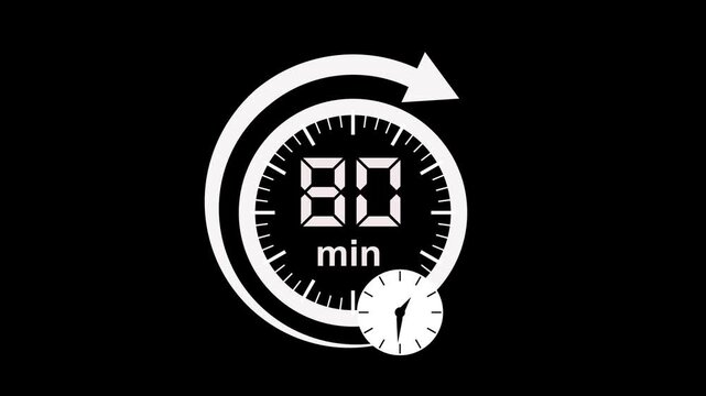 80 min clock icon animation. arrow Clock 80-minute icon Digital and analog clock 80 minutes isolated on white background. 80 minute timer symbol, isolated on transparent background with alpha channel.